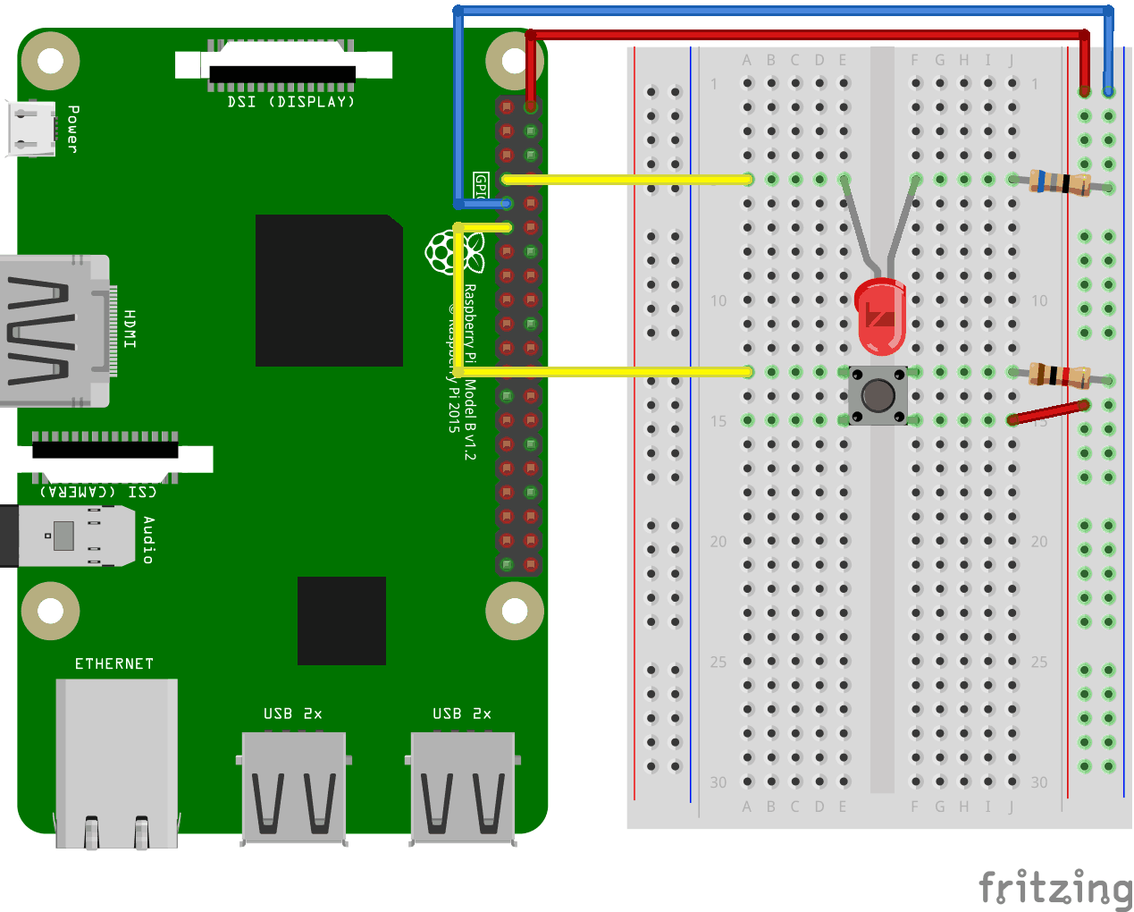 Raspberry Pi 3 with Breadboard. LED and Button circuit