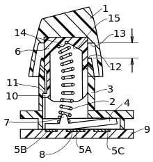 Illustration from the original buckling spring U.S. patent 4,118,611, issued to IBM in 1978